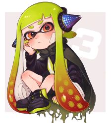 Rule 34 | 1girl, agent 3 (splatoon), aoaza 83, bandage on face, bandages, black footwear, black shorts, blunt bangs, cape, closed mouth, colored skin, commentary, frown, green hair, green shirt, head rest, headgear, high-visibility vest, highres, indian style, inkling, inkling girl, inkling player character, invisible chair, long hair, long sleeves, looking at viewer, nintendo, outside border, red eyes, red hair, shirt, shoes, shorts, sitting, sneakers, solo, splatoon (series), splatoon 2, splatoon 2: octo expansion, squidbeak splatoon, tentacle hair, torn cape, torn clothes, vest, yellow vest