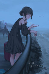 Rule 34 | 2girls, absurdres, anhao1224, arm support, bare shoulders, bird, black dress, black hair, black pants, black vest, breasts, can, car, closed mouth, commentary, cross, cross earrings, detached sleeves, dress, earrings, english commentary, feet out of frame, fog, frilled sleeves, frills, grey legwear, hair between eyes, hair bun, hands up, highres, holding, holding can, holding phone, horizon, jewelry, leaning forward, leg up, lighthouse, long sleeves, looking at viewer, looking to the side, motor vehicle, multiple girls, necktie, ocean, original, outdoors, pants, phone, puddle, railing, red eyes, rock, rolling suitcase, scenery, shirt, short hair, sideways glance, single hair bun, small breasts, socks, solo focus, standing, suitcase, vest, water, white neckwear, white shirt