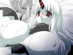 Rule 34 | 10s, 1girl, abyssal ship, blush, breasts, claws, covered erect nipples, goma (gomasamune), horns, huge breasts, kantai collection, large breasts, red eyes, ribbed sweater, seaport princess, single horn, sweater, white hair