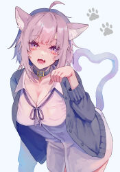 Rule 34 | 1girl, :3, animal ear fluff, animal ears, black collar, black jacket, breasts, cat ears, cat girl, cat tail, cleavage, collar, collarbone, collared shirt, commentary, fang, hand up, heart, heart tail, highres, hololive, jacket, large breasts, leaning forward, long sleeves, looking at viewer, neck ribbon, nekomata okayu, nekomata okayu (oversized shirt), official alternate costume, open mouth, paw pose, paw print, purple eyes, purple hair, purple ribbon, ribbon, sanzui (p42xy), shirt, short hair, simple background, skin fang, smile, tail, tail raised, upper body, virtual youtuber, white background, white shirt