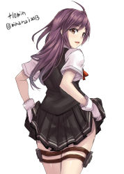Rule 34 | 1girl, ahoge, black skirt, black vest, cowboy shot, from behind, gloves, hagikaze (kancolle), kantai collection, long hair, looking at viewer, looking back, minarai, one side up, pleated skirt, purple hair, school uniform, shirt, short sleeves, simple background, skirt, skirt hold, solo, thigh strap, twitter username, vest, white background, white gloves, white shirt, yellow eyes