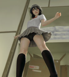 Rule 34 | 1girl, bike shorts, bike shorts under skirt, black hair, black shorts, black socks, bleach, bow, bowtie, box, breasts, brown eyes, cardboard box, closet, commission, curled fingers, disgust, dress shirt, feet out of frame, from below, futon, grey skirt, hair between eyes, honeybunny-art, kneehighs, kuchiki rukia, lips, looking at viewer, looking down, outstretched arms, red bow, red bowtie, shirt, short hair, short shorts, short sleeves, shorts, skirt, small breasts, socks, solo, white shirt