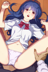 Rule 34 | 1boy, 1girl, :o, blouse, blue hair, blush, bow, bow panties, bowtie, commentary request, fool (17648941), fool (fuckinfool), from above, highres, lips, long hair, looking at viewer, lying, navel, on back, on floor, open mouth, original, out of frame, panties, pov, pov hands, purple panties, red eyes, round teeth, shirt, solo focus, spread legs, teeth, thigh grab, unbuttoned, unbuttoned shirt, underwear