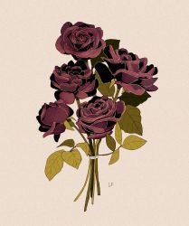 Rule 34 | bouquet, commentary, commission, english commentary, flower, grey background, highres, leaf, libbyframe, no humans, original, plant, purple flower, purple rose, rose, signature, simple background, still life