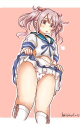 Rule 34 | 1girl, apron, artist name, badge, blue sailor collar, blue skirt, blush, clothes lift, commentary request, feet out of frame, food print, frilled apron, frilled skirt, frills, from below, hair bobbles, hair ornament, highres, kantai collection, koutetunamekuji, lifting own clothes, midriff, navel, panties, pink eyes, pink hair, pleated skirt, print panties, red background, sailor collar, sazanami (kancolle), sazanami kai (kancolle), school uniform, serafuku, short hair, simple background, skirt, skirt lift, socks, solo, strawberry panties, strawberry print, thighs, triangle mouth, twintails, underwear, waist apron, white socks, wrist cuffs
