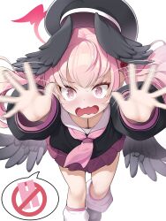 Rule 34 | 1girl, beret, black hat, black shirt, black wings, blue archive, blush, breasts, commentary request, downblouse, feathered wings, halo, hat, head wings, highres, koflif, koharu (blue archive), long hair, looking at viewer, loose socks, motion blur, open mouth, pink eyes, pink hair, pleated skirt, red halo, red skirt, sailor collar, sailor shirt, shirt, simple background, skirt, small breasts, socks, solo, twintails, white background, white sailor collar, white socks, wings