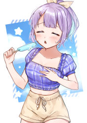 Rule 34 | 1girl, :o, ^ ^, beige shorts, blue hair, blue shirt, breasts, closed eyes, cloud, colored inner hair, crop top, food, hair ribbon, hand on own chest, highres, holding, holding food, juliet sleeves, kawagami raito, light blush, long sleeves, medium breasts, multicolored hair, nijisanji, nijisanji kr, nun bora, open mouth, ponytail, popsicle, puffy sleeves, purple hair, ribbon, shirt, sky, solo, star (symbol), triangle mouth, virtual youtuber, yellow ribbon