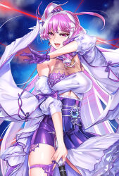 Rule 34 | 1girl, bare shoulders, bow, breasts, brooch, detached sleeves, feather hair ornament, feathers, gem, gloves, hair bun, hair ornament, halterneck, highres, holding, holding microphone, jewelry, large breasts, laser, looking at viewer, macross, macross delta, microphone, mikumo guynemer, multicolored hair, open mouth, purple gloves, purple hair, purple nails, purple ribbon, purple skirt, red eyes, ribbon, ring, satou shouji, shiny skin, single hair bun, skindentation, skirt, smile, solo, space, streaked hair, thigh strap, white hair