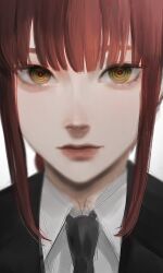 Rule 34 | 1girl, black jacket, black necktie, black suit, blunt bangs, blurry, chainsaw man, closed mouth, collared shirt, commentary, depth of field, dress shirt, expressionless, eyelashes, formal, highres, jacket, lips, looking at viewer, makima (chainsaw man), medium hair, necktie, portrait, red eyes, red hair, ringed eyes, shirt, sidelocks, sira julyspring, solo, static, suit, white shirt