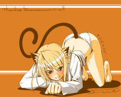 Rule 34 | 00s, 1girl, all fours, animal ears, arcueid brunestud, ass, barefoot, blonde hair, blush, brown eyes, cat ears, cat tail, fang, fue (rhomphair), panties, paw pose, short hair, smile, solo, tail, toes, top-down bottom-up, tsukihime, underwear