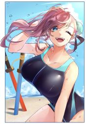 Rule 34 | 1girl, anmochi mochi, asymmetrical hair, bare shoulders, beach, black one-piece swimsuit, blue eyes, blue one-piece swimsuit, blue sky, breasts, bun cover, collarbone, competition swimsuit, fate/grand order, fate (series), hair bun, highleg, highleg swimsuit, large breasts, long hair, miyamoto musashi (fate), miyamoto musashi (fate/grand order), miyamoto musashi (swimsuit berserker) (fate), miyamoto musashi (swimsuit berserker) (first ascension) (fate), one-piece swimsuit, open mouth, pink hair, side bun, single hair bun, single side bun, sky, smile, sunlight, swept bangs, swimsuit, toy sword, two-tone swimsuit