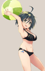 Rule 34 | 1girl, abe kanari, ahoge, armpits, ball, bare arms, bare legs, beachball, bikini, black bikini, black eyes, black hair, breasts, character request, choker, cleavage, commentary request, grey background, hair between eyes, high school fleet, hiraga tomoko, holding, looking at viewer, medium breasts, navel, open mouth, simple background, smile, solo, standing, swimsuit