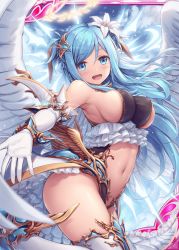Rule 34 | 1girl, :d, akkijin, angel, angel wings, armpits, bare shoulders, blue eyes, blue hair, breasts, center opening, cloud, elbow gloves, feathered wings, floating hair, flower, frills, gloves, gold trim, hair flower, hair ornament, halo, highleg, large breasts, long hair, looking at viewer, navel, official art, open mouth, outstretched arm, revealing clothes, shinkai no valkyrie, sideboob, smile, solo, stomach, thighhighs, thighs, two side up, waist cape, watermark, white gloves, white thighhighs, wings