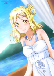 Rule 34 | 1girl, artist name, artist request, bare shoulders, blonde hair, blue sky, blush, braid, breasts, brown eyes, cleavage, cloud, collarbone, crown braid, day, dress, female focus, frilled dress, frills, green eyes, hair rings, highres, jewelry, looking at viewer, love live!, love live! sunshine!!, medium breasts, mountain, necklace, ocean, ohara mari, outdoors, parted lips, ribbon, short hair, skirt, sky, smile, solo, sundress, tied dress, white dress, white ribbon, white skirt, yellow eyes