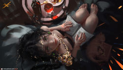 Rule 34 | 1girl, bare shoulders, barefoot, black hair, book, bottle, bracelet, breasts, chain, chain, cleavage, cup, drinking glass, earrings, fork, from above, ghostblade, gold, gold chain, green eyes, head chain, highres, jewelry, lips, looking up, magatama, magatama earrings, monocle, necklace, open book, original, plate, princess aeolian, reading, red lips, table, wine glass, wlop