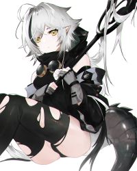 Rule 34 | 1girl, 3o c, arknights, black dress, black thighhighs, crocodilian tail, dress, elf, fingerless gloves, gloves, grey gloves, hair between eyes, highres, long hair, looking at viewer, pointy ears, silver hair, sitting, solo, tail, thighhighs, tomimi (arknights), torn clothes, torn thighhighs, white background, yellow eyes
