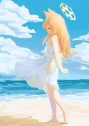 Rule 34 | 1girl, absurdres, animal ear fluff, animal ears, arms behind back, beach, blue archive, breasts, chack520, closed eyes, cloud, cloudy sky, dress, from side, hairband, halo, highres, holding own arm, long hair, mari (blue archive), ocean, orange hair, see-through silhouette, sideboob, sky, sleeveless, sleeveless dress, small breasts, smile, solo, standing, sundress, white dress, white hairband, wind, wind lift, yellow halo