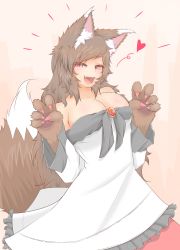 Rule 34 | 1girl, :d, absurdres, animal ears, bare shoulders, blush, breasts, brooch, brown hair, claws, cleavage, cowboy shot, cube85, dress, fang, fur, heart, highres, imaizumi kagerou, jewelry, large breasts, long hair, long sleeves, looking at viewer, monster girl, off-shoulder dress, off shoulder, open mouth, red eyes, smile, solo, touhou, werewolf, white dress, wide sleeves, wolf ears