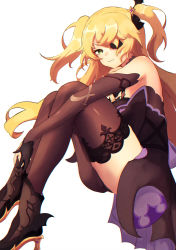 Rule 34 | absurdres, bad id, bad pixiv id, black thighhighs, blonde hair, boots, breasts, commentary, eyepatch, fischl (genshin impact), genshin impact, green eyes, highres, long hair, medium breasts, smile, thighhighs, thighs, tsuki (syee8825), twintails