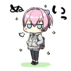 Rule 34 | 1girl, backpack, bad id, bad pixiv id, bag, blue eyes, blush stickers, casual, chibi, engiyoshi, full body, hands in pockets, hood, hooded jacket, jacket, kantai collection, long hair, looking at viewer, pants, pink hair, ponytail, shiranui (kancolle), solo, sparkle