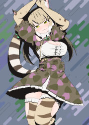Rule 34 | 1girl, absurdres, animal ears, arms up, belt, camouflage, cat ears, cat girl, cat tail, elbow gloves, extra ears, gloves, green eyes, grey hair, highres, jacket, jungle cat (kemono friends), kemono friends, kemono friends v project, long hair, looking at viewer, microphone, rest in muni, ribbon, shirt, simple background, skirt, solo, suspenders, tail, thighhighs, twintails, virtual youtuber