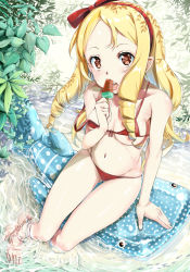 Rule 34 | 10s, 1girl, afloat, barefoot, bikini, blonde hair, bow, breasts, drill hair, eromanga sensei, feet, food, hair bow, highres, kntrs (knyrs), long hair, looking at viewer, navel, pointy ears, popsicle, red eyes, sitting, small breasts, soaking feet, solo, strap slip, swimsuit, twin drills, watermelon bar, whale shark, yamada elf