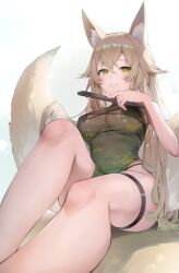 1girl absurdres animal_ear_fluff animal_ears bare_arms bare_legs bare_shoulders black_bra blonde_hair blush bra breasts china_dress chinese_clothes cleavage commission dress feet_out_of_frame folded_fan folding_fan fox_ears fox_girl fox_tail green_dress grin hair_between_eyes hand_fan hand_up highres holding holding_fan izumi_kei knee_up large_breasts long_hair looking_at_viewer multiple_tails original panty_straps parted_lips pelvic_curtain see-through_clothes see-through_dress sitting skeb_commission sleeveless sleeveless_dress smile solo spaghetti_strap suirin_(tukikagerou) tail thigh_strap thighs underwear yellow_eyes