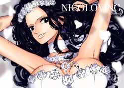 Rule 34 | 1girl, armlet, black hair, black shorts, blue eyes, border, bracelet, breasts, claw pose, claw ring, cleavage, cowboy shot, earrings, eyeshadow, female focus, highres, jewelry, large breasts, lips, lipstick, long hair, makeup, nail polish, navel, necklace, nico robin, one piece, ring, sherumaru (korcht06), short shorts, shorts, smile, solo, teeth, white border