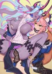 Rule 34 | 2girls, animal ear fluff, anklet, aqua hair, aqua nails, bar censor, bare arms, black footwear, blush, breasts, breasts out, censored, clothing aside, clothing cutout, colored skin, demon girl, doka yuki (tsumorisugi), erection, fang, fate/grand order, fate (series), futa with female, futanari, grabbing, grabbing another&#039;s breast, grabbing from behind, green background, hair between eyes, hair tubes, hand on another&#039;s head, hand up, highres, ibuki douji (fate), jewelry, large areolae, large breasts, long hair, long pointy ears, looking at another, meme attire, multicolored hair, multiple bracelets, multiple girls, nail polish, no panties, open mouth, pelvic curtain, pelvic curtain aside, penis, pink eyes, pink hair, pointy ears, purple hair, purple skin, pussy juice, sex, sex from behind, short eyebrows, side cutout, sidelocks, simple background, sleeveless, sleeveless sweater, smile, spread legs, sweat, sweater, tail, tamamo (fate), tamamo no mae (fate/extra), testicles, vaginal, very long hair, virgin killer sweater, yellow eyes