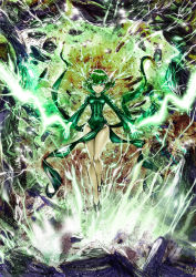 Rule 34 | 1girl, breasts, covered navel, curly hair, dress, electricity, flipped hair, floating, floating rock, full body, green dress, green eyes, green hair, ground shatter, highres, impossible clothes, impossible dress, legs, legs together, levitation, one-punch man, pelvic curtain, powering up, rape face, side slit, small breasts, solo, tatsumaki, telekinesis, the golden smurf, thighs