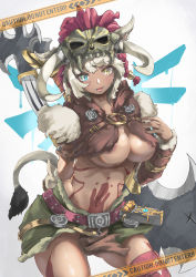 Rule 34 | animal ears, animal skull, areola slip, arm behind back, warrior of light (ff14), barbarian set (zelda), belt, blue eyes, bracer, breasts, cat ears, cat girl, cat tail, caution, cowboy shot, crop top, dark-skinned female, dark skin, facial mark, fictional persona, final fantasy, final fantasy xiv, gluteal fold, grey hair, hand up, heterochromia, highres, horns, large breasts, leaning to the side, looking at viewer, medium hair, midriff, miqo&#039;te, navel, nintendo, open mouth, sign, skull, smile, stomach, tail, the legend of zelda, the legend of zelda: breath of the wild, underboob, warning sign, weapon, weapon on back, whisker markings, xun li eins, yellow eyes