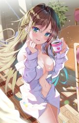 Rule 34 | 1girl, blue eyes, blue hair, blush, braid, breasts, brown hair, cleavage, coffee, commentary request, cup, day, green eyes, hands up, heart, heart in eye, highres, holding, holding cup, indoors, jacket, long hair, long sleeves, looking at viewer, medium breasts, mug, multicolored eyes, multicolored hair, nail polish, naked jacket, navel, open clothes, open jacket, open mouth, original, pink nails, purple hair, sho (runatic moon), solo, standing, streaked hair, symbol in eye, table, teeth, upper teeth only, white jacket, wooden floor