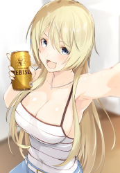 Rule 34 | 10s, 1girl, :3, :d, arm up, armpits, bare shoulders, beer can, belt, belt buckle, blonde hair, blue eyes, blurry, blurry background, blush, breasts, buckle, camisole, can, cleavage, collarbone, commentary request, covered navel, depth of field, drink can, foreshortening, holding, indoors, jewelry, kiriyama nao, large breasts, long hair, meth (emethmeth), necklace, open mouth, outstretched arm, pendant, reaching, reaching towards viewer, selfie, shiny skin, sleeveless, smile, soda can, solo, straight hair, takunomi., upper body, v-shaped eyebrows, very long hair, water drop, yebisu
