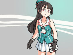 Rule 34 | 1girl, black gloves, brown hair, choukai (kancolle), choukai kai ni (kancolle), commentary, cowboy shot, english commentary, glasses, gloves, gradient background, headgear, kantai collection, long hair, looking at viewer, one-hour drawing challenge, pleated skirt, red eyes, rimless eyewear, sixten, skirt, solo, standing, white skirt