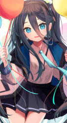Rule 34 | 1girl, absurdres, aris (blue archive), balloon, blue archive, blue eyes, blue hair, blush, dark blue hair, hair between eyes, headband, highres, jacket, long hair, long hair between eyes, looking at viewer, necktie, open mouth, school uniform, simple background, solo, very long hair, white background