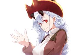 Rule 34 | 1girl, alternate costume, braid, breasts, brown coat, casual, coat, commentary request, earrings, fate/grand order, fate (series), hair between eyes, hat, horns, horns through headwear, jewelry, large breasts, light blush, long hair, looking at viewer, oni horns, red eyes, red hat, silver hair, simple background, single braid, solo, stud earrings, sweater, tohoho (hoshinoyami), tomoe gozen (fate), turtleneck, turtleneck sweater, upper body, waving, white background, white sweater