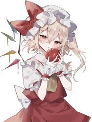 Rule 34 | 1girl, apple, blush, bow, crystal, dress, flandre scarlet, food, fruit, hair between eyes, half-closed eyes, hands up, hat, hat bow, highres, holding, holding food, holding fruit, looking at viewer, mob cap, one side up, parted lips, pink eyes, puffy short sleeves, puffy sleeves, red bow, red dress, red eyes, short hair, short hair with long locks, short sleeves, simple background, solo, sorani (kaeru0768), touhou, white background, wings, wrist cuffs