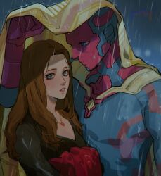 Rule 34 | 1boy, 1girl, animification, arm up, black dress, blue bodysuit, blue eyes, blue skin, blush, bodysuit, breasts, brown hair, cape, closed mouth, colored skin, commentary, dress, gem, highres, jewelry, lips, long hair, long sleeves, looking at another, marvel, marvel cinematic universe, medium breasts, multicolored skin, necklace, night, outdoors, qin (7833198), rain, red gemstone, red skin, standing, symbol-only commentary, teeth, vision (marvel), wanda maximoff, wet, yellow cape