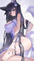 Rule 34 | 1girl, absurdres, animal ears, ass, black hair, blue eyes, blue nails, breasts, china dress, chinese clothes, cleavage cutout, clothing cutout, commission, dress, flower, fox ears, fox tail, from side, hair flower, hair ornament, hand on own thigh, highres, indie virtual youtuber, large breasts, long hair, mole, mole under eye, piyokuma, purple flower, sakae izumi, skeb commission, sleeveless, sleeveless dress, solo, tail, very long hair, virtual youtuber, white dress