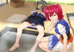 Rule 34 | &gt; o, 2girls, bare legs, barefoot, basket, drooling, feet, finger to mouth, green hair, grin, hair bobbles, hair ornament, hat, iromeki overdrive, legs, looking at viewer, lying, midriff peek, multiple girls, on back, one eye closed, onozuka komachi, onsen, open mouth, pants, pants rolled up, red eyes, red hair, ribbon-trimmed skirt, ribbon trim, rod of remorse, scythe, shiki eiki, short hair, shorts, shushing, sitting, skirt, sleeping, smile, soaking feet, soles, spread legs, toes, touhou, towel, two side up, water