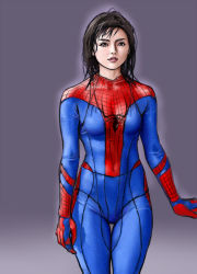 Rule 34 | 1girl, asian, blidra, bodysuit, breasts, brown eyes, brown hair, commentary, cosplay, covered navel, crossover, grey background, hello! project, looking at viewer, mano erina, marvel, medium breasts, medium hair, parted lips, pun, real life, skin tight, solo, spider-man, spider-man (cosplay), spider-man (series), wet, wet hair
