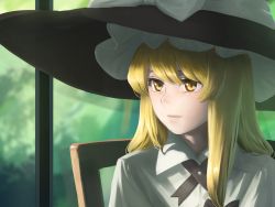 Rule 34 | 1girl, amino (tn7135), black hat, black skirt, blonde hair, blurry, bow, buttons, chair, collared shirt, depth of field, hair ribbon, hat, hat bow, kirisame marisa, looking to the side, pink lips, puffy short sleeves, puffy sleeves, ribbon, shirt, short sleeves, skirt, smile, solo, touhou, tress ribbon, v arms, white bow, white shirt, wing collar, witch hat, yellow eyes