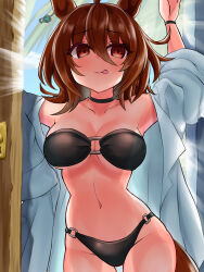 1girl agnes_tachyon_(umamusume) ahoge animal_ears armpits bikini black_bikini black_choker blush breasts choker cleavage coat commentary_request cowboy_shot day earrings highres horounendo horse_ears horse_girl horse_tail jewelry lab_coat licking_lips medium_breasts messy_hair navel open_clothes open_coat outdoors single_earring smile solo standing stomach strapless strapless_bikini swimsuit tail tongue tongue_out umamusume white_coat