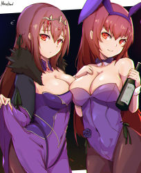 Rule 34 | 2girls, animal ears, artist name, black legwear, bottle, bow, bowtie, breast press, breasts, cleavage, closed mouth, clothes lift, covered navel, cowboy shot, dress, dress lift, fake animal ears, fate/grand order, fate (series), flower, flying sweatdrops, fur collar, hair ornament, hand on own chest, highres, holding, holding bottle, jewelry, large breasts, leotard, long hair, long sleeves, looking at viewer, meow head, multiple girls, necklace, official alternate costume, pantyhose, playboy bunny, purple dress, rabbit ears, red eyes, red hair, scathach (fate), scathach (piercing bunny) (fate), scathach skadi (fate), signature, smile, tareme, very long hair, white wrist cuffs, wine bottle, wrist cuffs