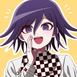 Rule 34 | 1boy, :d, checkered clothes, checkered scarf, danganronpa (series), danganronpa v3: killing harmony, hand up, highres, jacket, long sleeves, male focus, medium hair, notice lines, open mouth, oma kokichi, outline, pink hair, purple eyes, purple hair, scarf, smile, solo, suiren yurei, teeth, tongue, unmoving pattern, upper teeth only, white jacket, white outline, yellow background