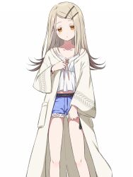 Rule 34 | 1girl, asagi nanami, blush, camisole, denim, denim shorts, expressionless, gakuen idolmaster, gradient hair, grey hair, hair ornament, hairclip, highres, idolmaster, jacket, long hair, looking at viewer, multicolored hair, open clothes, open jacket, orange eyes, parted lips, rope belt, shinosawa hiro, shorts, simple background, solo, white background, white camisole