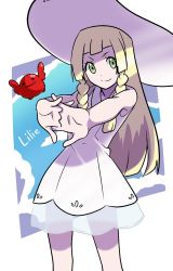 Rule 34 | 1girl, bare arms, blonde hair, blunt bangs, braid, character name, collared dress, creatures (company), dress, game freak, green eyes, hat, highres, interlocked fingers, lillie (pokemon), long hair, nintendo, pokemon, pokemon sm, ryo (0626kk), sleeveless, sleeveless dress, smile, solo, sun hat, sundress, twin braids, white dress, white hat