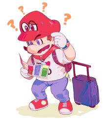 Rule 34 | 1boy, ?, backpack, bag, blouse, blue eyes, brown hair, confused, eyebrows, facial hair, full body, gloves, hat, heart, highres, holding, male focus, map, mario, mario (series), mmairo, mustache, nintendo, pants, red hat, rolling suitcase, scratching head, shirt, short sleeves, solo, standing, suitcase, super mario odyssey, super star (mario), sweat, thick eyebrows, watch, white shirt, wristwatch