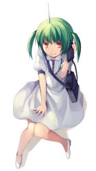 Rule 34 | 1girl, dress, field radio, green hair, holding, naname (danbooru maker), original, phone, radio antenna, red eyes, smile, solo, twintails, two side up, white background