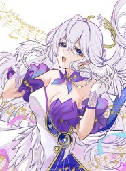 Rule 34 | 1girl, aquariu27889147, bare shoulders, bead bracelet, beads, blue eyes, bracelet, breasts, choker, cleavage, commentary request, detached sleeves, dress, grey hair, head wings, honkai: star rail, honkai (series), jewelry, long hair, looking at viewer, open mouth, purple choker, robin (honkai: star rail), short sleeves, solo, strapless, strapless dress, upper body, very long hair, white background, white dress, wings